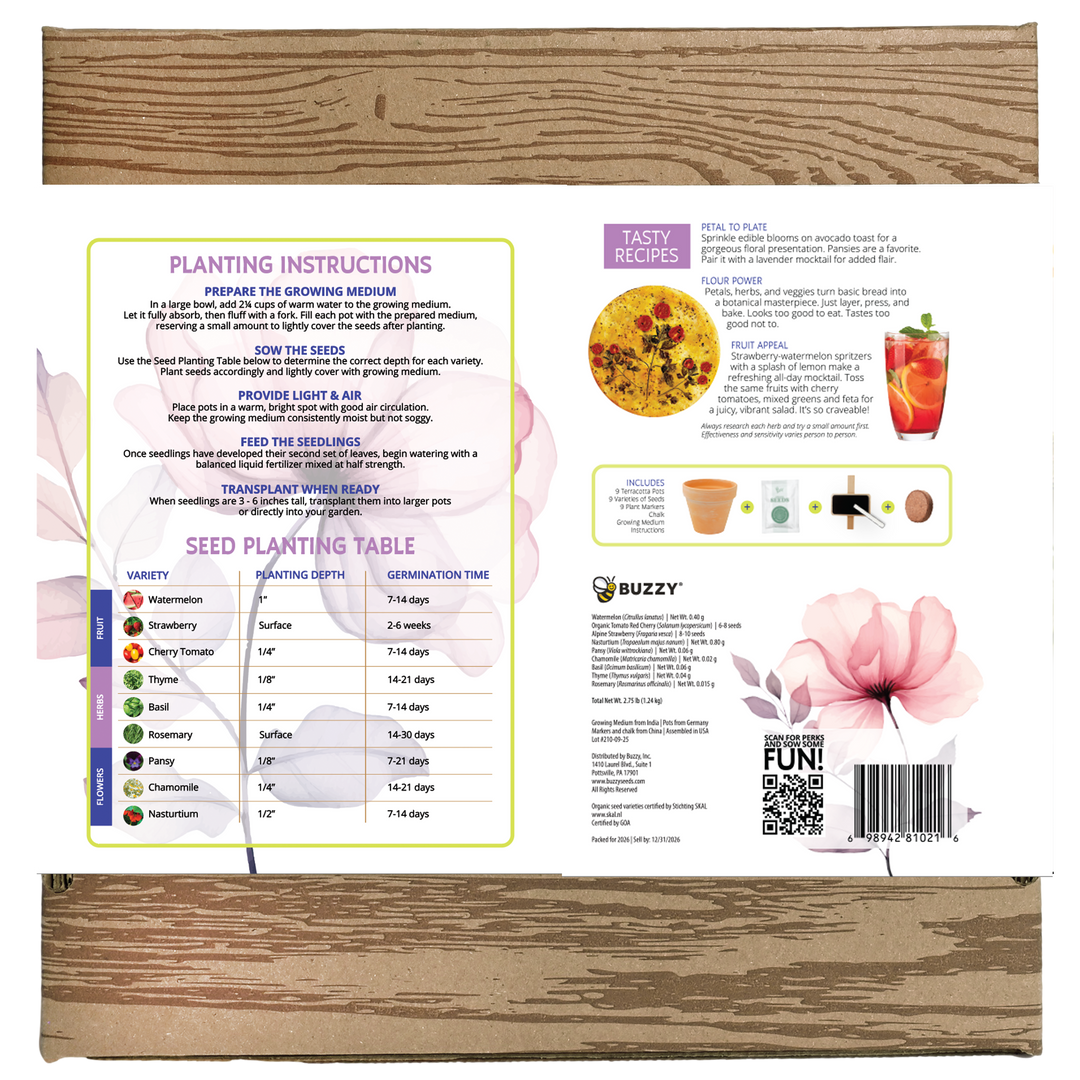 Edible Garden Grow Kit with 9 Non-GMO Fruit, Herb & Flower Seeds + Pots