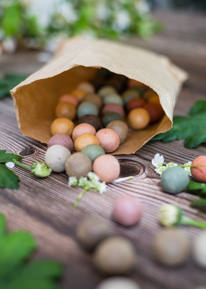 Seed balls rolled out of a kraft paper bag.