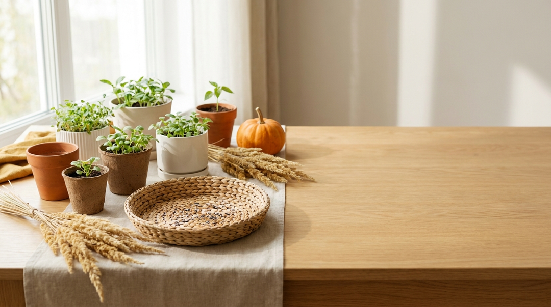 Small terracotta pots with young seedlings on a light wooden table styled for fall