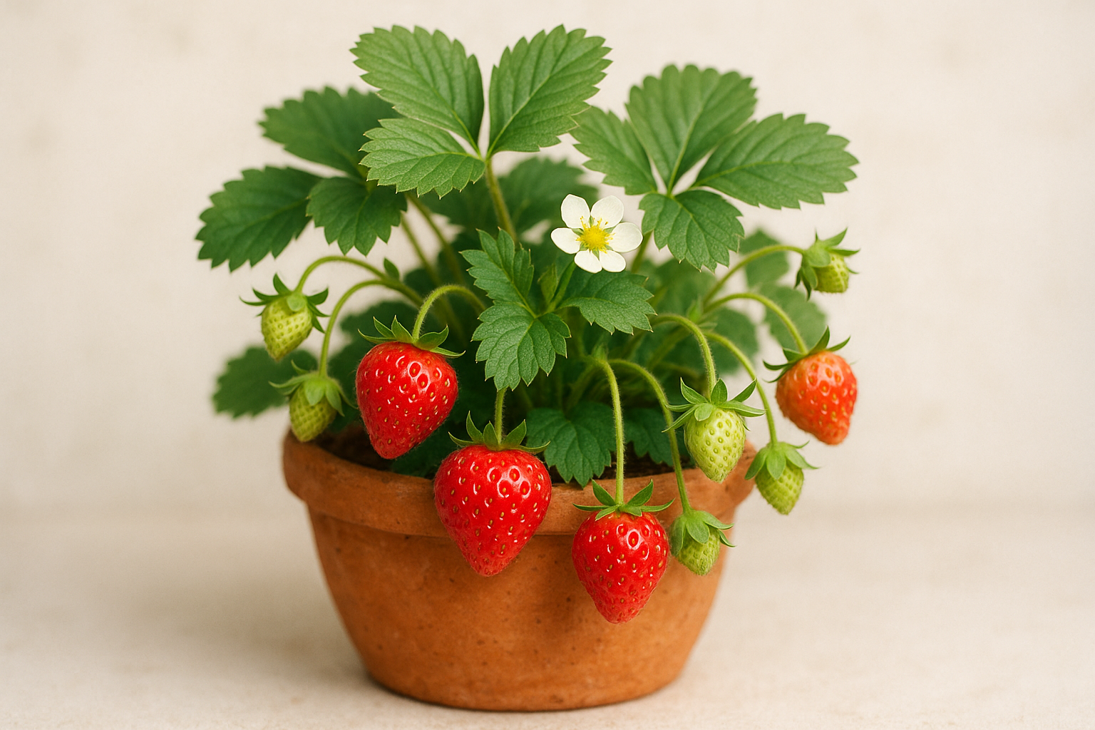 Strawberries growing out of a small terracotta pot