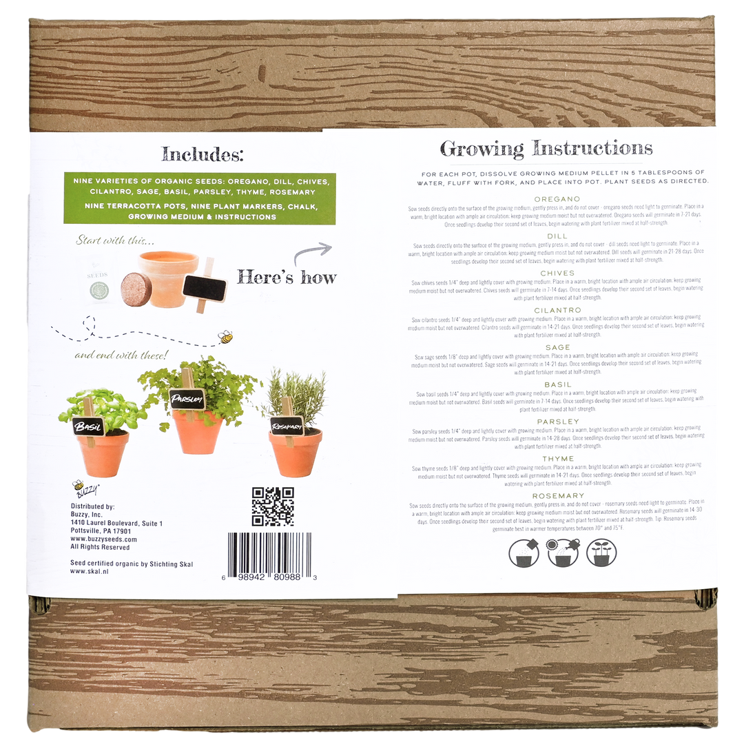 planter's choice window herb garden indoor 9 herb starter kit Organic Herb Grow Kit with 9 Pots, Markers & Chalk – Buzzy Seeds