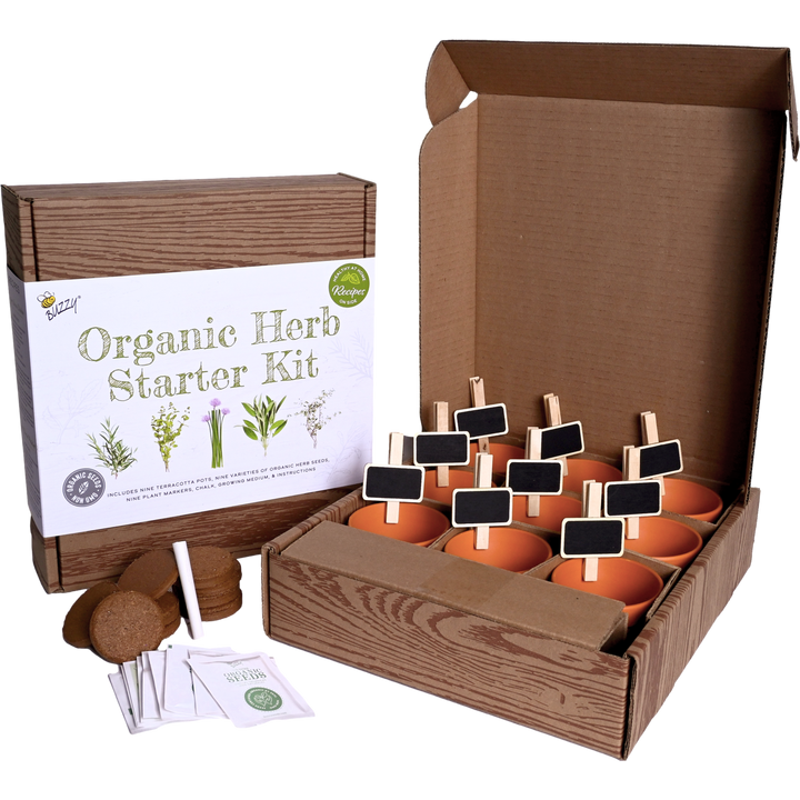 herb garden seed starter kit Organic Herb Grow Kit with 9 Pots, Markers & Chalk – Buzzy Seeds