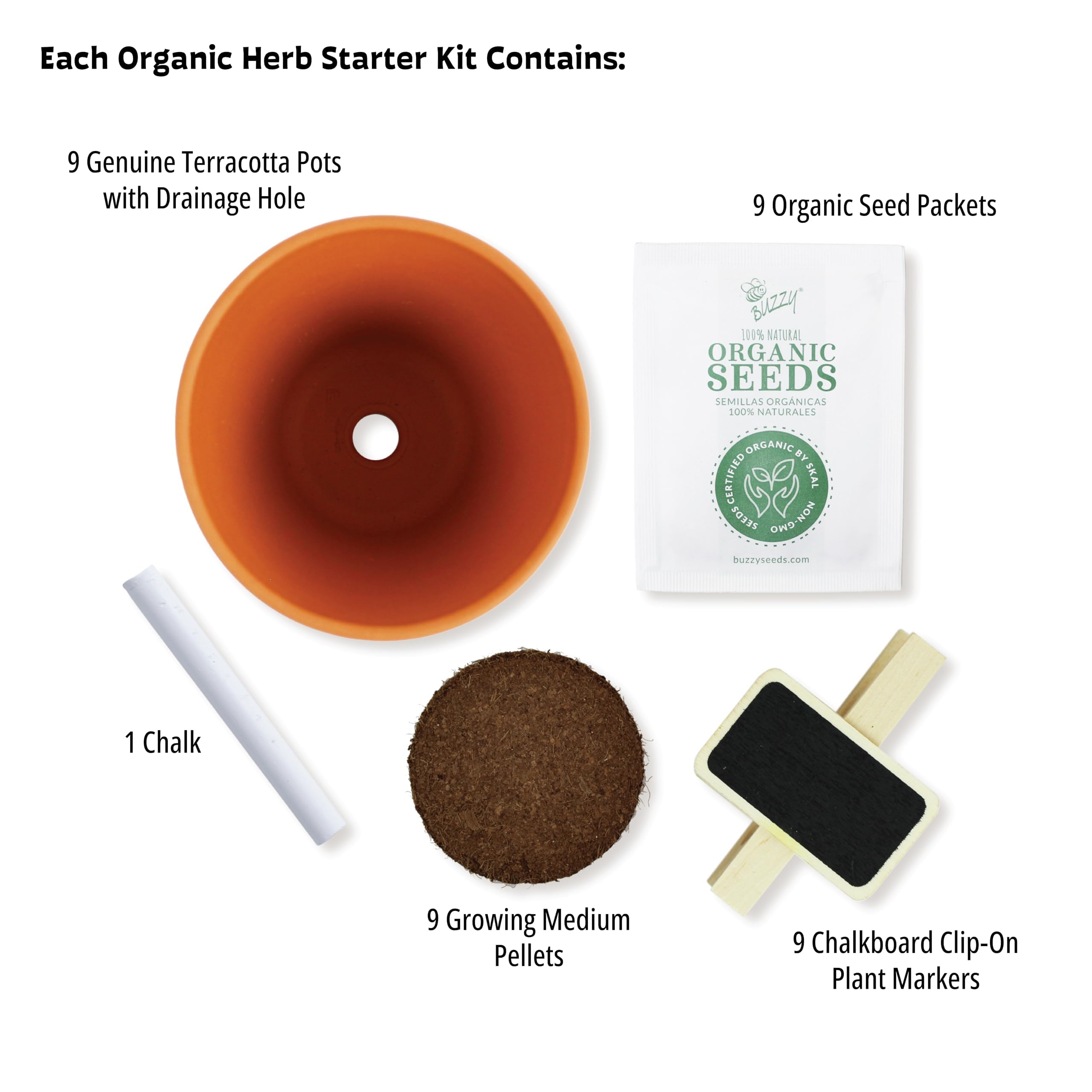 Organic Herb Grow Kit with 9 Pots, Markers & Chalk – Buzzy Seeds