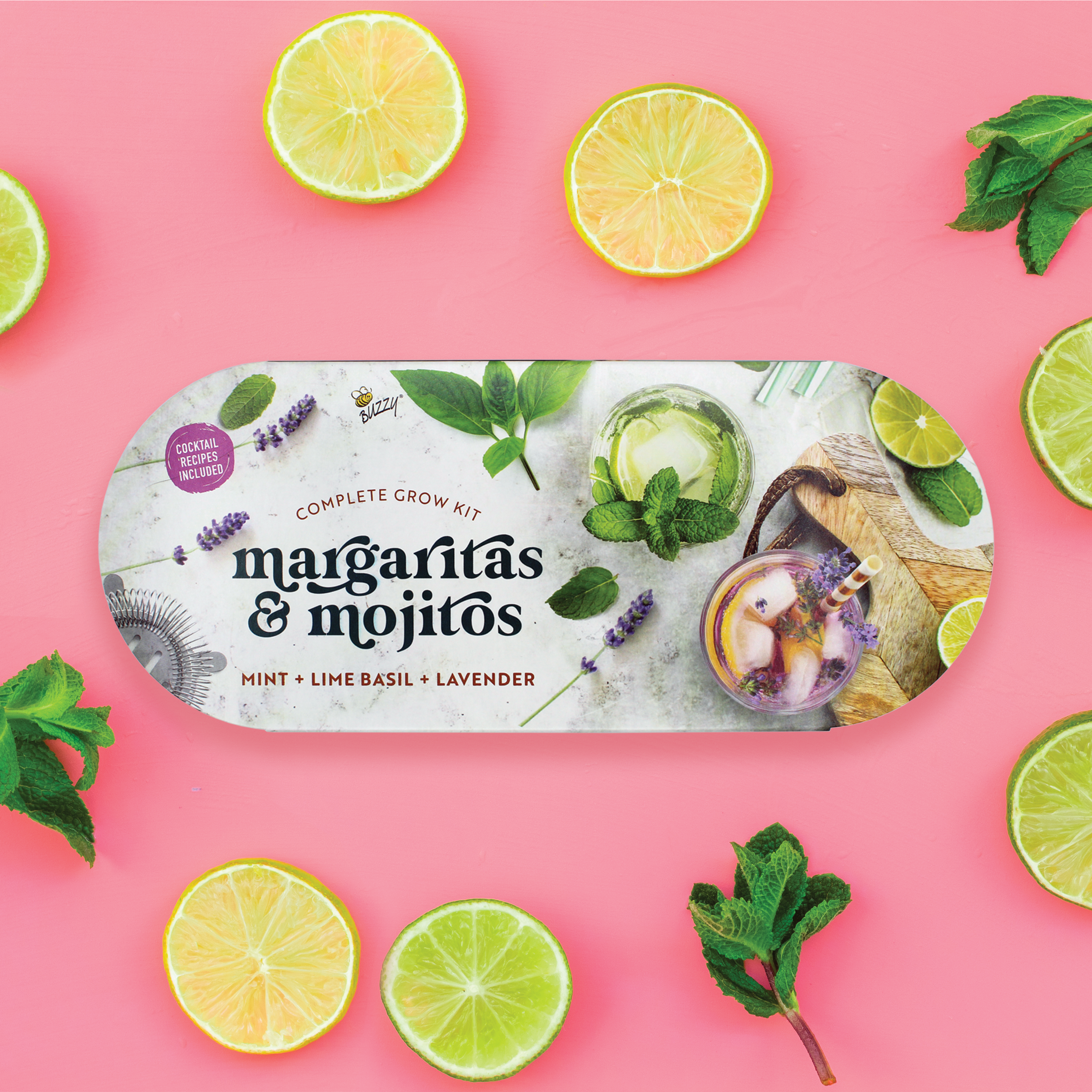 Buzzy Seeds Margarita and mojito grow kit with Mint, Lime Basil and lavender seeds, grow pot, growing medium and instructions.