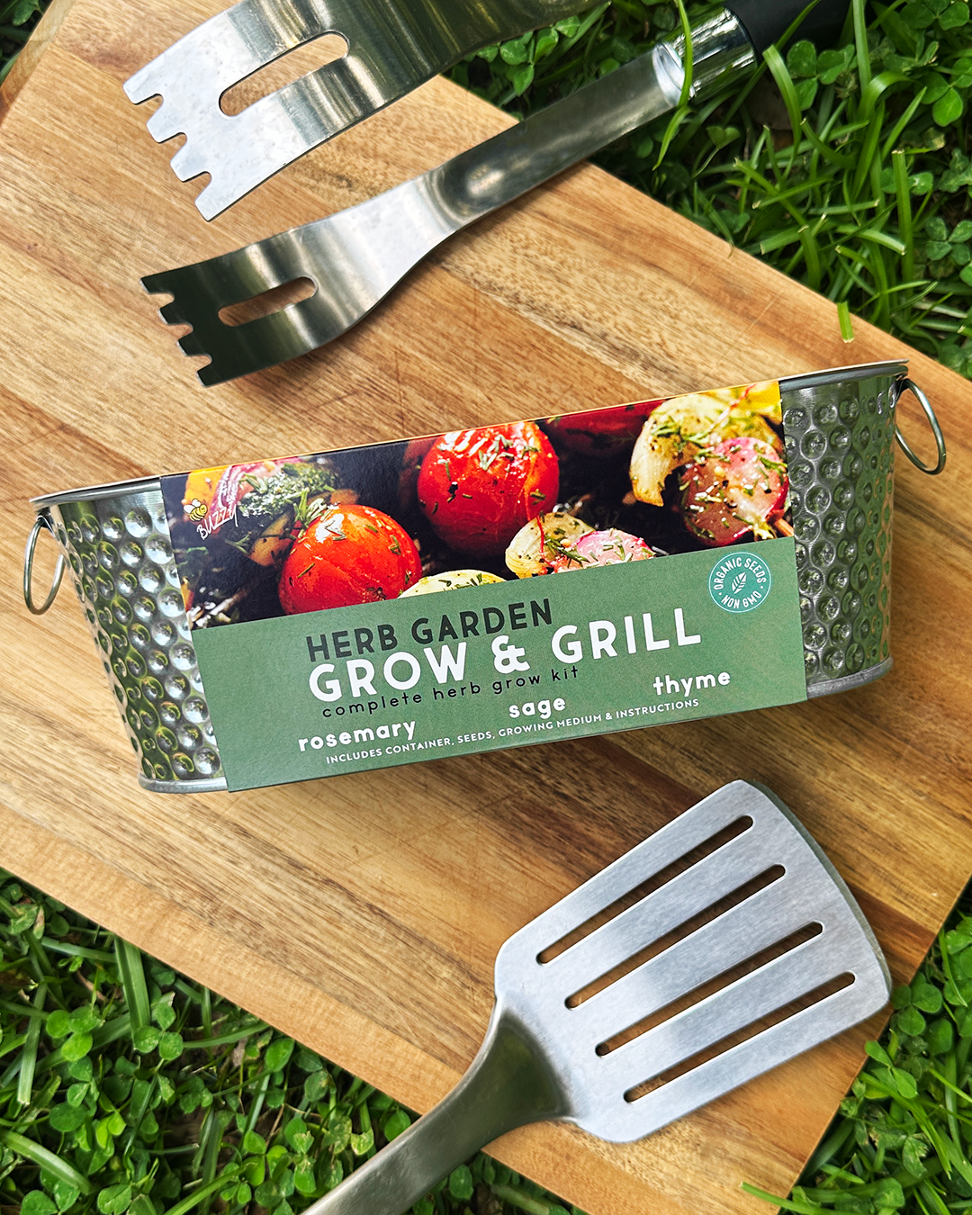 Buzzy Seeds hammered galvanized meal windowsill pot complete with Rosemary, Sage & Thyme, growing medium and instructions.
