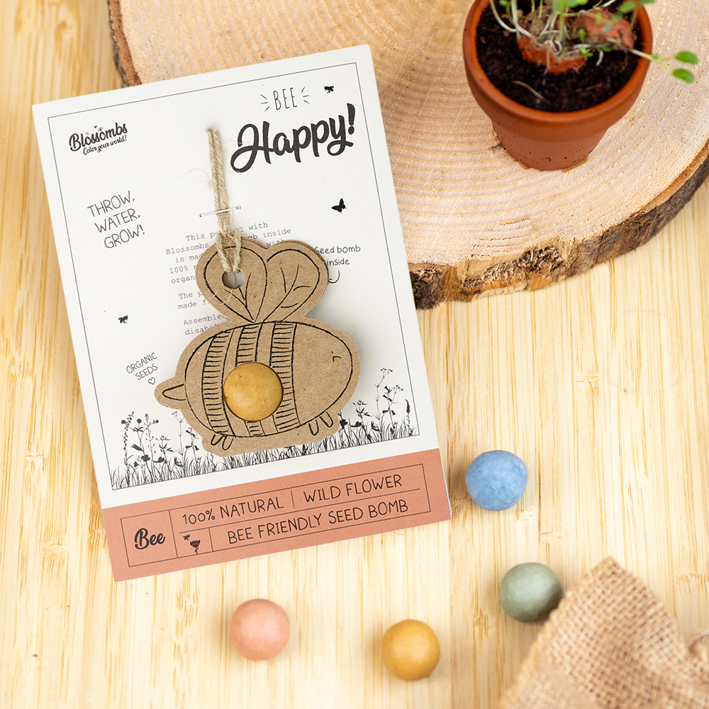 'Bee Happy' Greeting Card | Bee Seed Ball Ornament